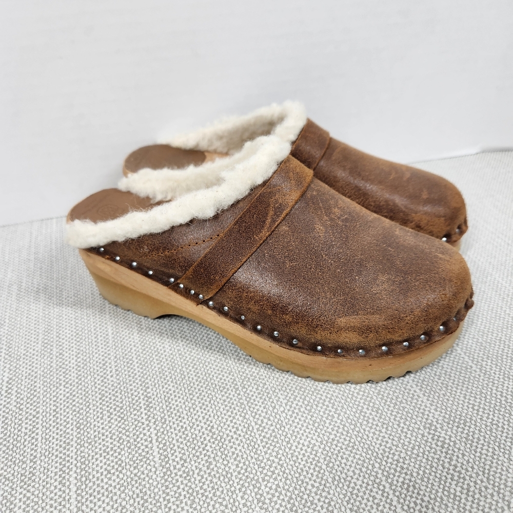 Troentorp Of Sweden Size 36 Brown Leather Clog Shearling Lined Handmade